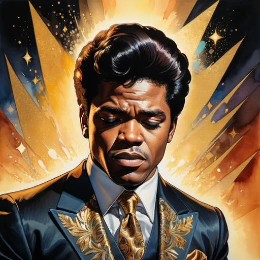Prompt: Handdrawn portrait of young James Brown full of emotion, wearing a 60s suit, eyes closed. in the distinctive hyperdetailed style of Michael William Kaluta and Becky Cloonan. Dynamic composition, hyperdetailed background, 60-30-10 color rule. Watercolor painting with ink accents, hyper detailed Maximalist masterpiece, breathtaking. Volumetric light, dark shadow reflections, stunning, cinematic perfect light, perfect composition, 8k resolution, strong shadows, soft colors, psychedelic. Molten gold. Diamond sparkles. Multicolor dust motes.