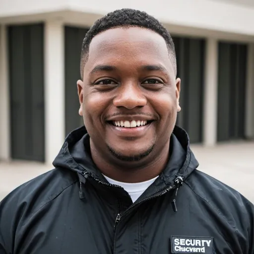 Prompt: security guard  smiling with a black windbreaker
