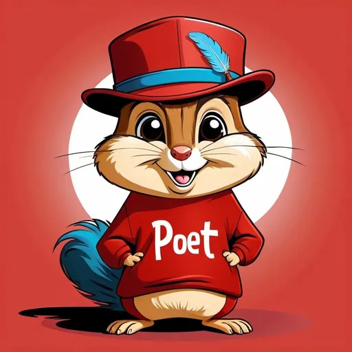 Prompt: Funny chipmunk cartoon character wearing a hat with a feather, red shirt with 'POET' written, whimsical cartoon style, vibrant colors, comical expression, high quality, cartoon, whimsical, vibrant colors, funny, character design, humorous, playful, comical expression