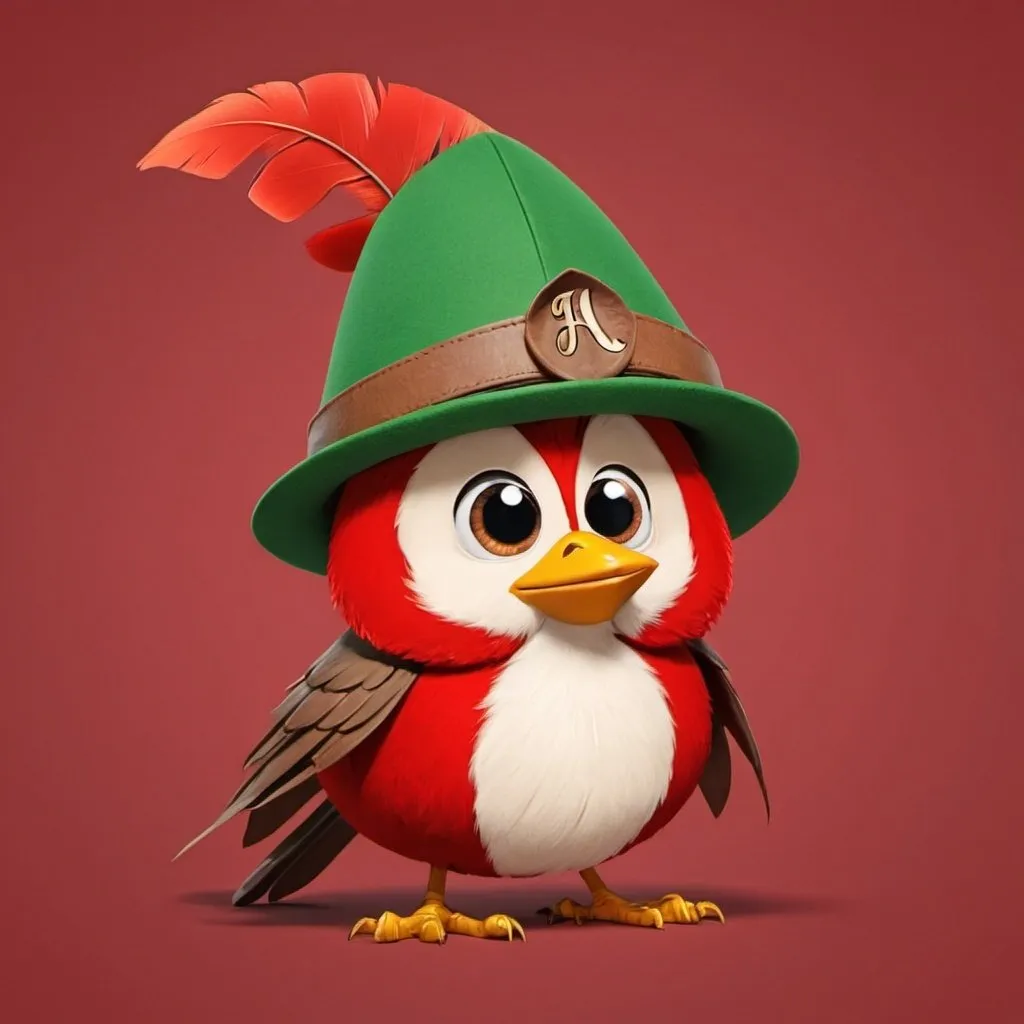 Prompt: create an adult character with one feather sticking out of a robin hood like hat with the letters PODS on a red shirt 