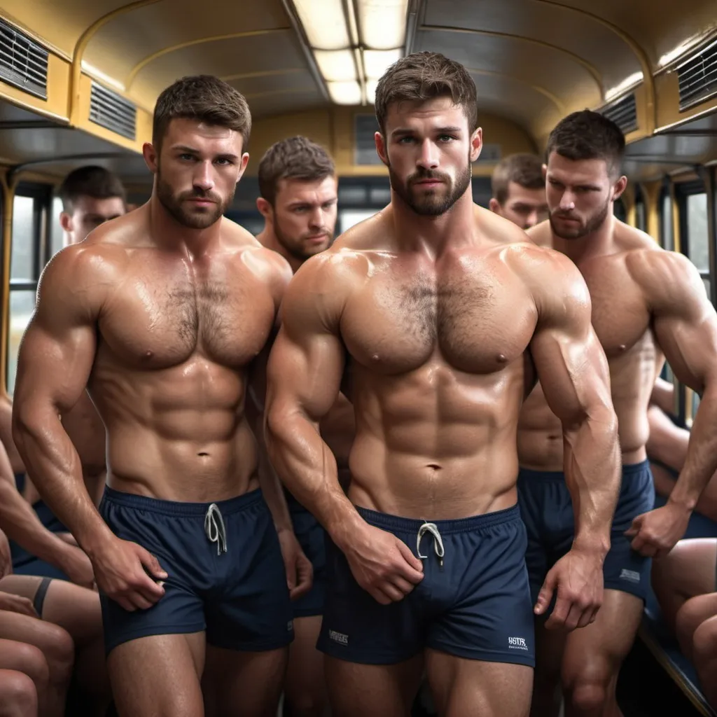 Prompt: 3D realism of gorgeous muscular men w short beards in his early 20's, hairy chest, on a school bus full of sweaty,dirty rugby players, putting hands on each other,arms around each other, dripping in sweat, wearing only a jockstrap, high quality, detailed muscles, realistic sweat, atmospheric lighting, realistic 3D rendering, locker room scene, muscular physique, intense gaze, steamy atmosphere, hot tones, detailed skin texture,wide view