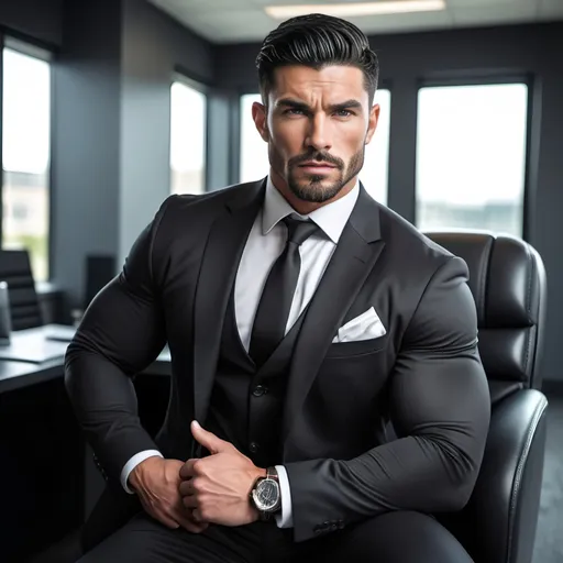Prompt: Muscular athlete with a handsome face and short  beard,black hair, designer suit,in a detailed very modern office,in black limo, realistic, athletic, detailed short facial hair, sporty, nice pecs and bulging biceps and 6 pack abs, casual pose,natural lighting, vivid tones, professional photography