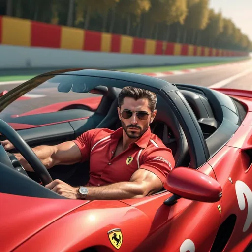 Prompt: Extremely handsome, muscular italian man driving a Ferrari in a 4K photorealism fantasy car race, 3D rendering, hot tones, vibrant colors, high quality detailed facial features and eyes, exotic cars, intense competition, realism, vibrant colors, high quality, detailed eyes, 3D rendering, hot tones, car race, Ferrari, handsome man, fantasy, exotic cars, photorealism, competition, vibrant colors, intense