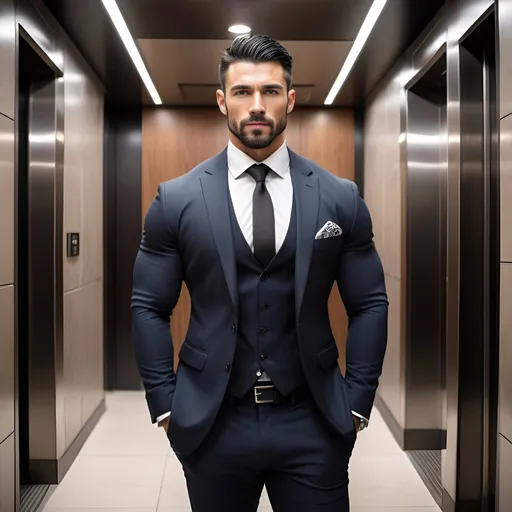 Prompt: Muscular athlete with a handsome face and short trimmed beard,black hair, designer suit,in a detailed very modern office,in high- tech elevator,high quality, realistic, athletic, detailed short facial hair, sporty, nice pecs and bulging biceps and 6 pack abs, casual pose,natural lighting, vivid tones, professional photography