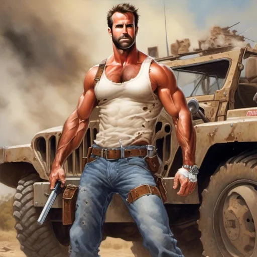 Prompt: <mymodel>Detailed, fantasy anime  of a muscular, rugged hunk in a 4x4 jeep vehicle, large biceps, large forearms and ripped abs, hairy chest and treasure trail running down stomach to a hairy waistband, huge prominence in groin of jeans, vintage pencil drawing, smoke swirling around, short beard, white wifebeater, denim jeans, hairy chest and abs, intense lighting, high quality, vintage, realistic, detailed, rugged features, atmospheric lighting, classic car, intense gaze, professional art style, black and white, dramatic shadows, james dean, black background with smoke swirling around, 