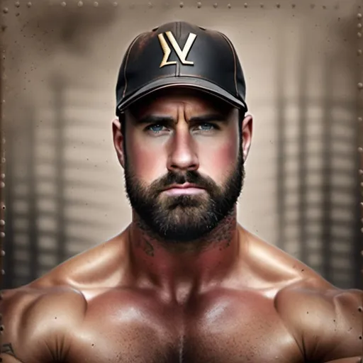 Prompt: <mymodel>Muscular athlete with a handsome, short beard, wearing a ball cap, high quality, realistic, athletic, detailed short facial hair, intense gaze, sporty, no shirt, tattoos, natural lighting, neutral tones, baseball cap, professional photography, graffiti style