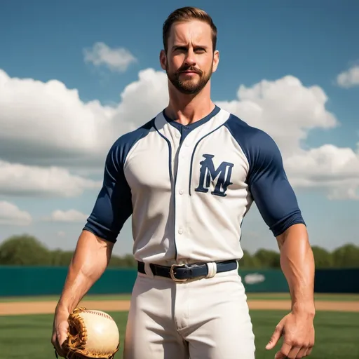 Prompt: photorealistic, (handsome muscular man (big biceps)w short trimmed beard), photorealism, UHD, high quality, stands proudly in the middle of a vibrant green baseball field, bright sunlight casting dynamic shadows, blue sky with scattered clouds above, detailed grass texture, intensity and focus in his expression, wearing a black and white fitted baseball uniform, High quality, evokes an energetic and triumphant atmosphere, capturing the essence of sport and athleticism.