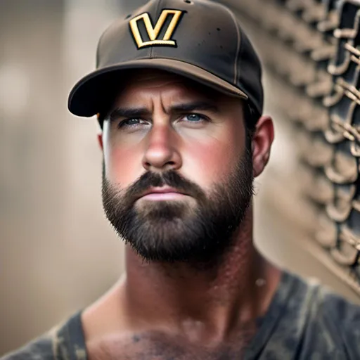 Prompt: <mymodel>Muscular athlete with a handsome, short beard, wearing a red ball cap, sitting on a giant muddy construction machine on a construction site,high quality, realistic, athletic, detailed short facial hair, intense gaze, sporty, nice pecs and bulging biceps and 6 pack abs, no shirt,tattoos, natural lighting, vivid tones, baseball cap, professional photography