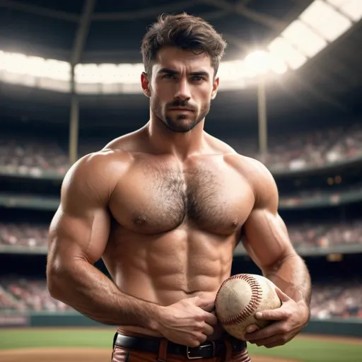 Prompt: 3D fantasy 8K resolution of extremely handsome muscular jocks in early 20's photorealism high quality detail of facial features and eyes,, pronounced jawline short dark hair, very hairy body,in his early 20's, very hairy chest, hairy legs, hairy abs,hairy forearms, hairy at waistband and hairy on forearms wearing nothing but a leather pouch in a detailed baseball stadium, sweat glistening on their body, hot tones vibrant colors cinematic lighting, masculine, high quality, detailed muscles, outdoor stadium scene w atmospheric lighting, realistic, color splash , arms around each other<mymodel>