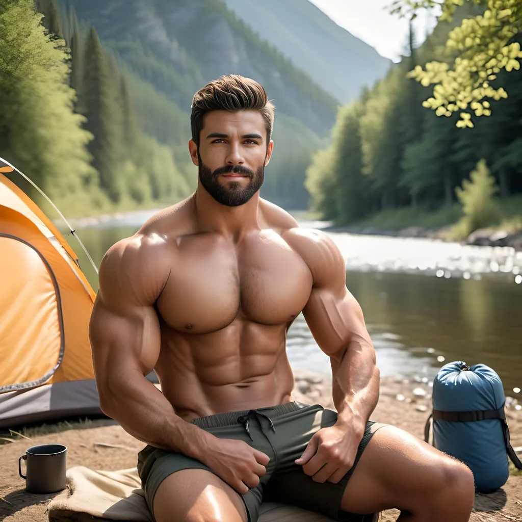Prompt: 3D realism of gorgeous muscular hunk w short beard in his early 20's, hairy chest, sitting along serene river by campsite, inside tents, camping,masculine, high quality, detailed muscles, atmospheric lighting, realistic 3D rendering, outdoor scene, muscular physique, relaxed pose, immersive atmosphere, hot tones, detailed skin texture, black hair,very hairy chest,beard,wide view