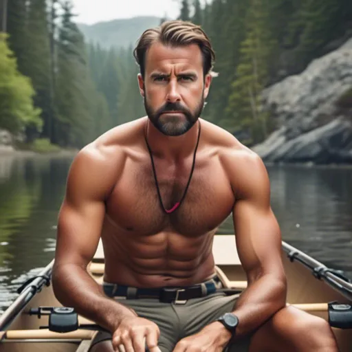 Prompt: <mymodel>3D-hyper realism, photorealistic, high res detail to facial features and eyes of extremely handsome young man, muscular,hairy chest, no shirt, black ball cap, rowing in a kayak, outdoor camping scene, vibrant splash of color,liminal lighting, 4K resolution