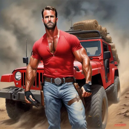 Prompt: <mymodel>Detailed, fantasy of a muscular, rugged hunk in a red 4x4 jeep vehicle, large biceps, large forearms and ripped abs, hairy chest and treasure trail running down stomach to a hairy waistband, huge prominence in groin of jeans, gun and gun belt, vintage pencil drawing, smoke swirling around, short beard, white wifebeater, denim jeans, hairy chest and abs, intense lighting, high quality, vintage, realistic, detailed, rugged features, atmospheric lighting, classic car, intense gaze, professional art style, black and white, dramatic shadows, james dean, black background with smoke swirling around, 