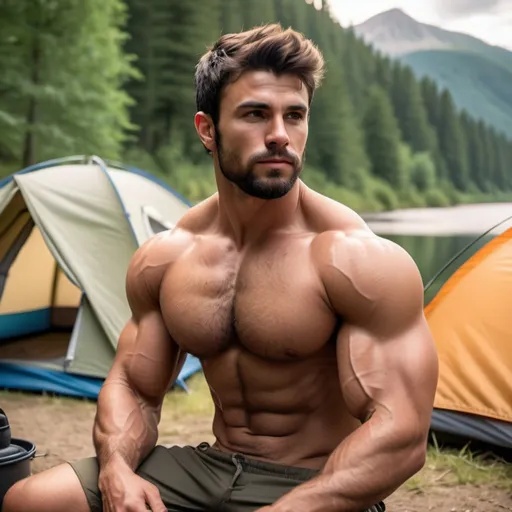 Prompt: 3D realism of gorgeous muscular hunk w short beard in his early 20's, hairy chest, sitting along serene river by campsite, inside tents, camping,masculine, high quality, detailed muscles, atmospheric lighting, realistic 3D rendering, outdoor scene, muscular physique, relaxed pose, immersive atmosphere, hot tones, detailed skin texture, black hair,very hairy chest,beard,wide view