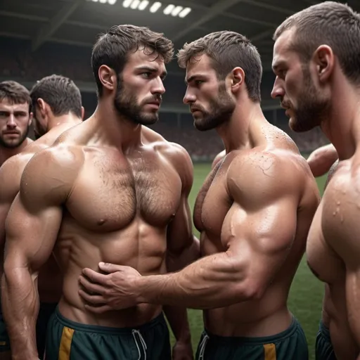 Prompt: 3D realism of gorgeous muscular men w short beards in his early 20's, hairy chest, on a rugby field full of sweaty,dirty rugby players, putting hands on each other,arms around each other, dripping in sweat, wearing only a jockstrap, high quality, detailed muscles, realistic sweat, atmospheric lighting, realistic 3D rendering, locker room scene, muscular physique, intense gaze, steamy atmosphere, hot tones, detailed skin texture,high resolution,4K, wide view