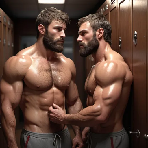 Prompt: 3D realism of two gorgeous muscular men w scruffy beards in his early 20's, hairy chest, steamy locker room,wrap arms around each other, dripping in sweat, wearing only a jockstrap, high quality, detailed muscles, realistic sweat, atmospheric lighting, realistic 3D rendering, locker room scene, muscular physique, intense gaze, steamy atmosphere, hot tones, detailed skin texture
