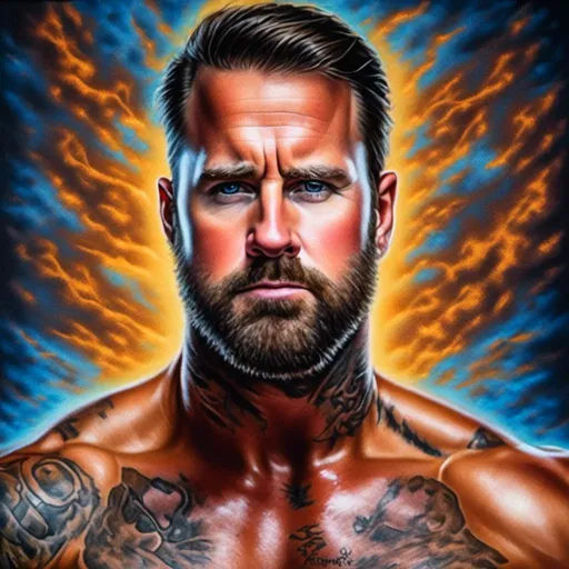 Prompt: <mymodel>Fantasy hyperrealistic rendering of a handsome muscular male, oil painting, magical aura, intricate tattoos, intense gaze, glowing eyes, high definition, pop art, vibrant colors, dramatic lighting