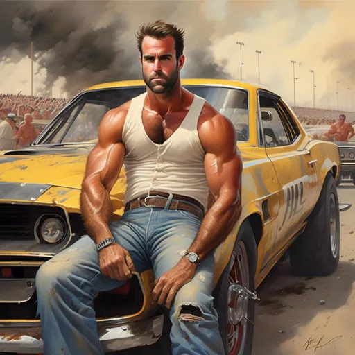 Prompt: <mymodel>Detailed,  anime  of a muscular, rugged hunk in a hot rod, classic car at a NASCAR race track, large biceps,  short trimmed beard, smoking a cigarette, vintage pencil drawing, smoke swirling around, stubble, white wifebeater, ripped and torn denim jeans, intense lighting, high quality, vintage, realistic, detailed, rugged features, atmospheric lighting, classic car, smoking cigarette, intense gaze, professional art style, black and white, dramatic shadows, james dean, black background with smoke swirling around, dark sunglasses