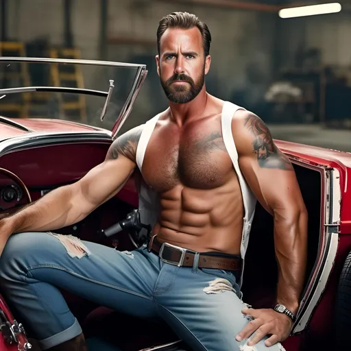Prompt: <mymodel>Detailed 3D, photo-realistic 4K image  of a muscular, rugged hunk in his 20's in a hot rod,  convertible, large biceps, detailed facial features and eyes, short trimmed beard, hairy chest, smoking a cigarette,, smoke swirling around, short trimmed beard, white wifebeater, ripped and torn denim jeans, intense lighting, high quality, realistic, detailed, rugged features, atmospheric lighting, classic car, smoking a cigarette, intense gaze, professional art style, dramatic shadows, best quality, with smoke swirling around, 