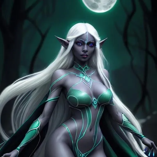 Prompt: A female drow with obsidian skin, dancing in the moonlight, big dreamy eyes, extremely detailed beautiful long flowing white hair, long elf pointy Ears, detailed face, emerald green eyes and a outfit that presents her long legs, the outfits is a large dark leave 