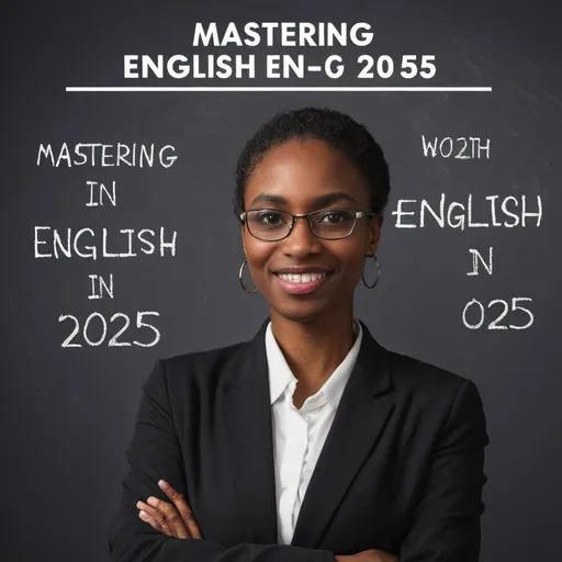 Prompt: Uma professora negra de ingles com fundo escrito em inglês Dominando o Ingles em 2025