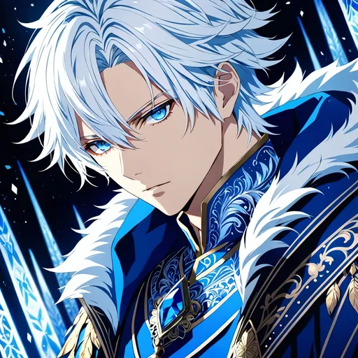 Prompt: Anime illustration of a male character with icy white hair, vibrant blue and white color scheme, intense and mysterious expression, detailed eyes, intricate costume design, best quality, anime, cool tones, detailed hair, intense gaze, vibrant colors, highres, ultra-detailed, professional, atmospheric lighting