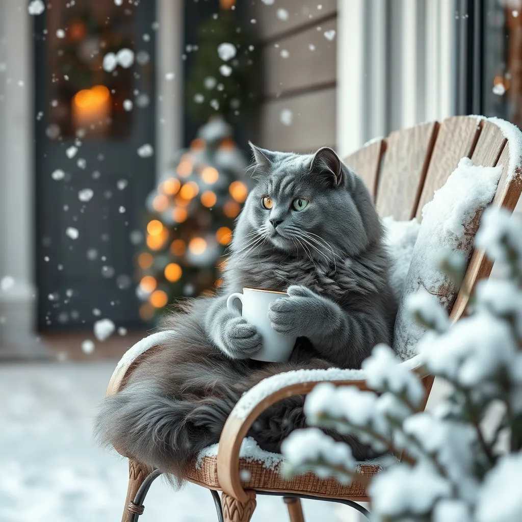 Prompt: Gray long-haired cat, sitting elegantly in a cozy chair on the front porch, sipping coffee, snowy morning backdrop with soft white snowflakes blanketing the ground, gentle snowfall creating a serene atmosphere, warm steam rising from the coffee cup, cheerful ambiance, muted colors, ultra-detailed, 4K, the world appears tranquil and idyllic.