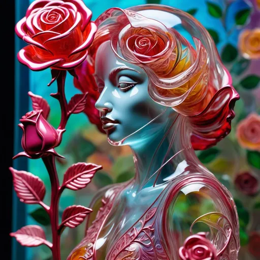 Prompt: A detailed and vibrant transparent glass sculpture of a woman being a rose, intricate details, surreal, colorful background