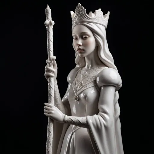 Prompt: white glossy porcelain sculpture of princess of wands against black background soft studio lighting.