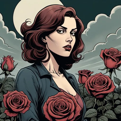 Prompt: Woman being a rose, landfields, detailed, dark colors, dramatic, graphic novel illustration,  2d shaded retro comic book