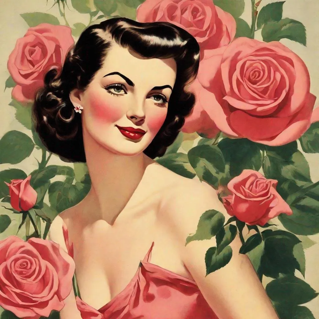 Prompt: a woman being a rose on the first page of magazine, 50's editorial color illustration