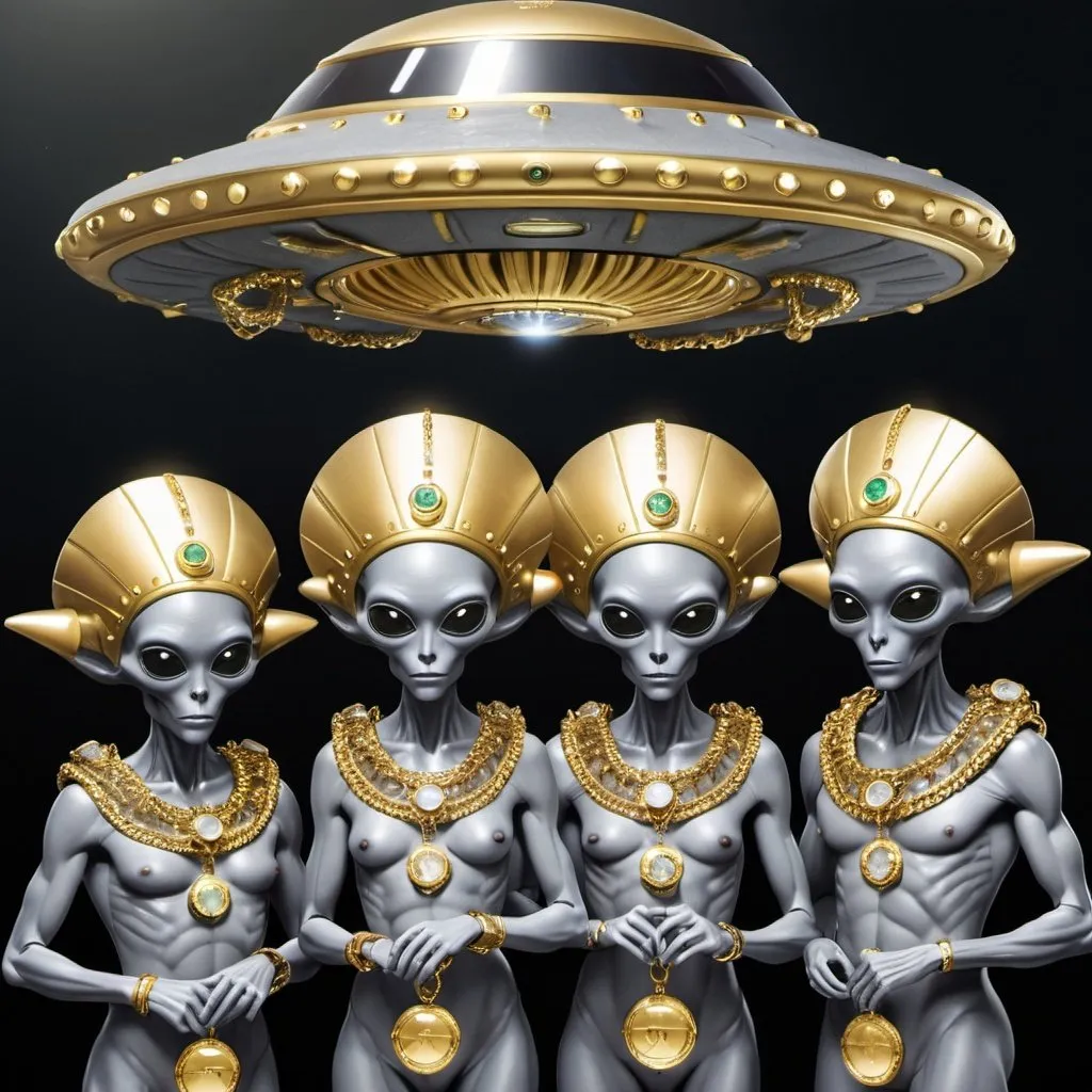 Prompt: a group of grey aliens wearing jewel encrusted crowns with rolex watches and gold rings and fat gold chains standing in front of a metallic gold ufo