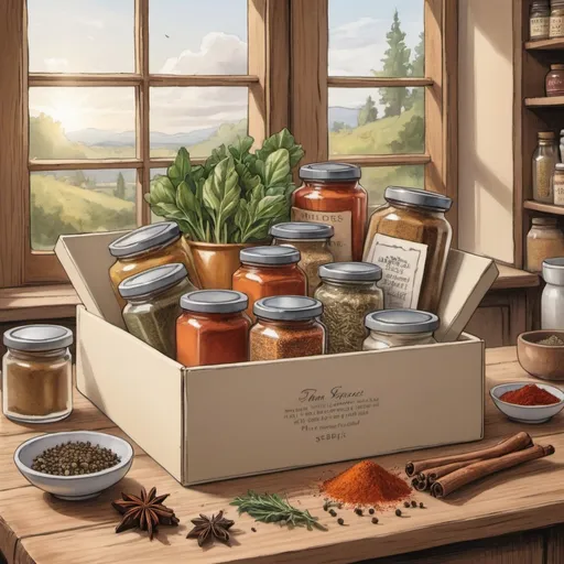 Prompt: This drawing takes places in a nice european country side kitchen . We can see a beige box of spices similar to the ones from france or any european country , wich displays exactly on the box cover a relaxing drawing of a assortiment of spices and veggies .
The box is standing on a wooden table wich display one of each of precedent spices on the box.
The table a halo of light coming to it from a window behind.

