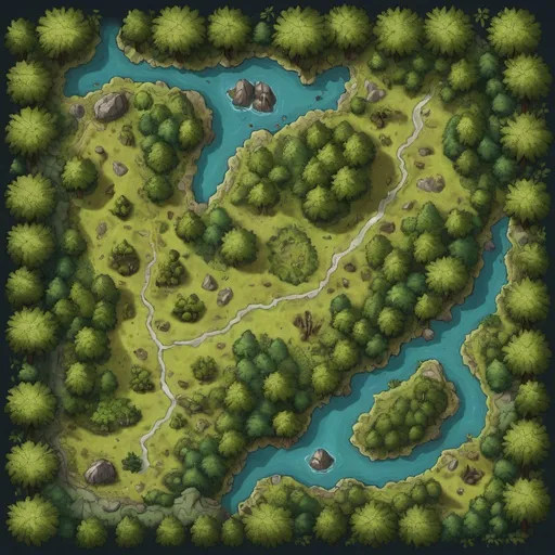 Prompt: A top-down map of a forest, 2d dnd battlemap, highly details, 8k