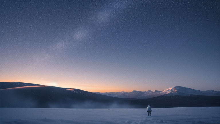 Prompt: solitary figure, midnight, dark sky, snow, mountains, wind, night, winter, cold, darkness, tundra, ice, blowing snow, barren, desert, 64K resolution, masterpiece, award winning, brush stroke, canvas, paint, ethereal