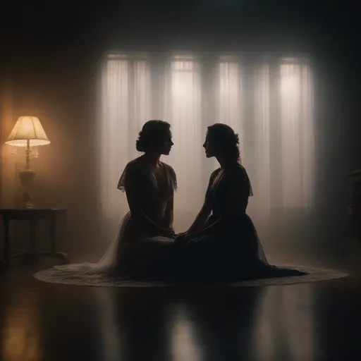 Prompt: 4k, high quality, award winning, photography, medium shot long exposure, dark, low light, hazy, ambient lighting, crisp quality and light reflections, difficult to see, a couple, two women looking at one another, ethereal, sitting in a dark hazy room, figures in the dark