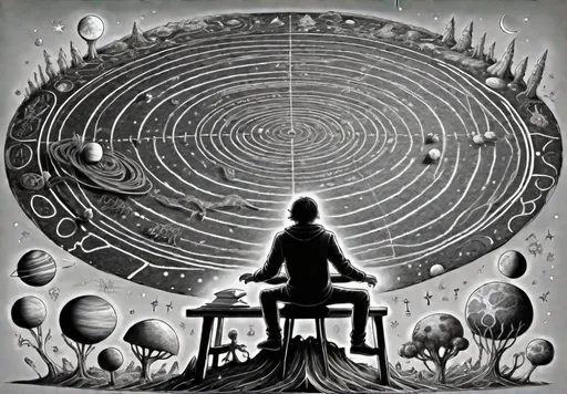Prompt: someone sit on the planet,ahead of him huge blackboard and he draws black and white perpendicular lines,He has a lot of small hands,ultradetailed, unusual creatures, mystical, fantasy, detailed linework, magical, high quality, intricate details, intricate linework, fantasy style, planetary surface, mystical creatures, professional, atmospheric lightin
