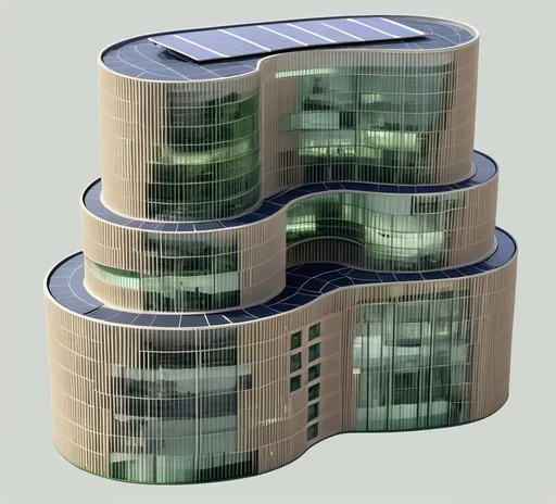 Prompt:  Maintain the curved design but integrate more glass and steel elements and adding aluiminuim beige cladding as outstanding lines to provide shading. Add green terraces, solar panels, and a futuristic lighting system. The setting should be in a green area, and the final image should look like a photorealistic architectural visualization