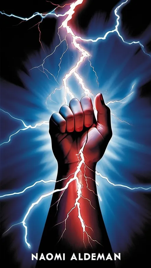 Prompt: A dystopian book cover with deep reds, black, and electric blue. A hand crackling with electricity at the center, symbolizing power and danger. Sharp, angular typography for the title "The Power" in bold, with "Naomi Alderman" in a subtler font below. Lightning bolts and energy surge across the design.