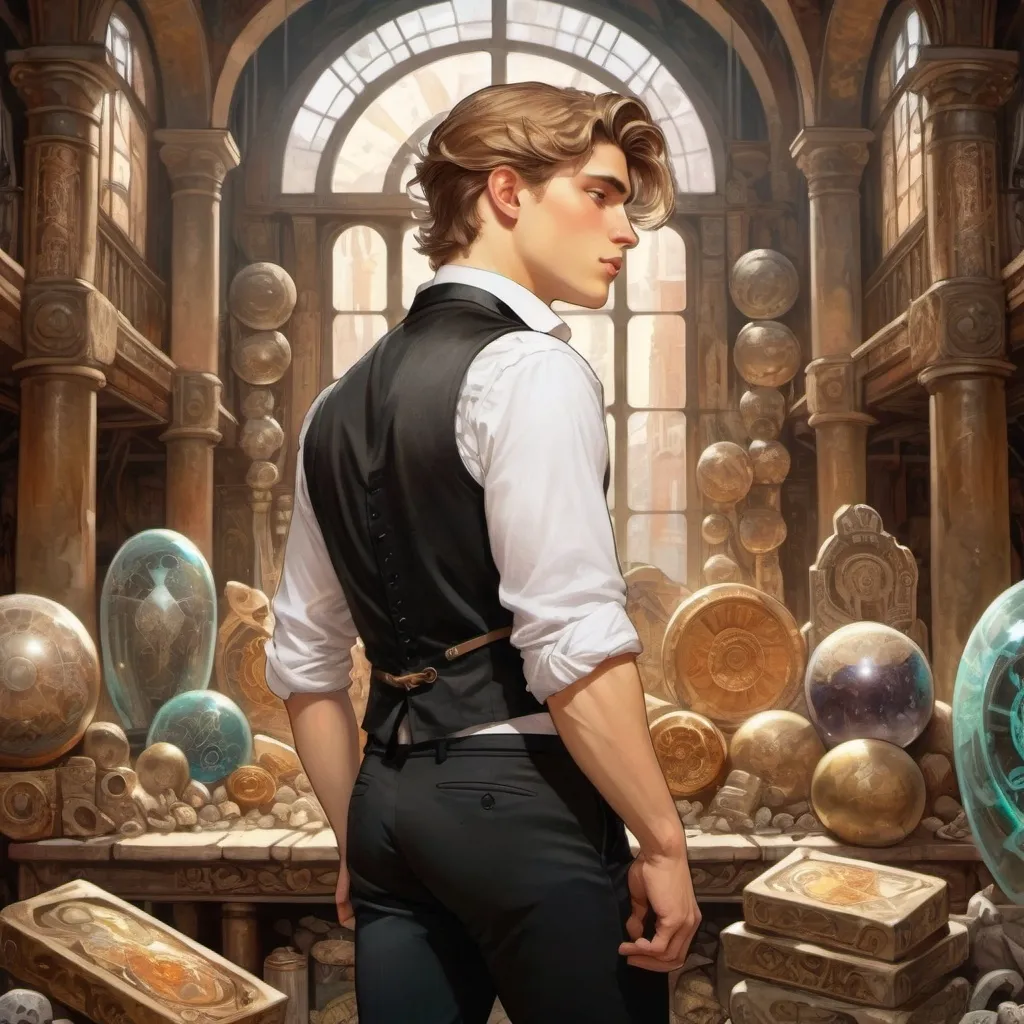 Prompt: young man wearing black dress pants, white shirt and a black vest standing with his back in a huge and ancient warehouse with tons of magical relics