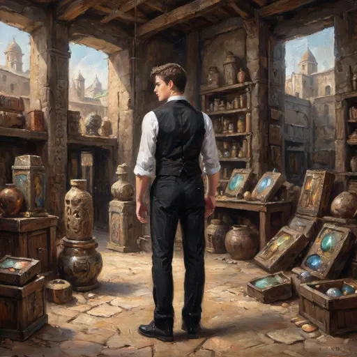 Prompt: young man wearing black dress pants, white shirt and a black vest standing with his back turned in a big ancient warehouse with tons of magical relics