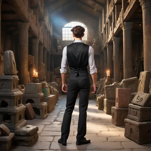 Prompt: young man wearing black dress pants and a black vest standing with his back in an huge ancient warehouse with tons of magical relics