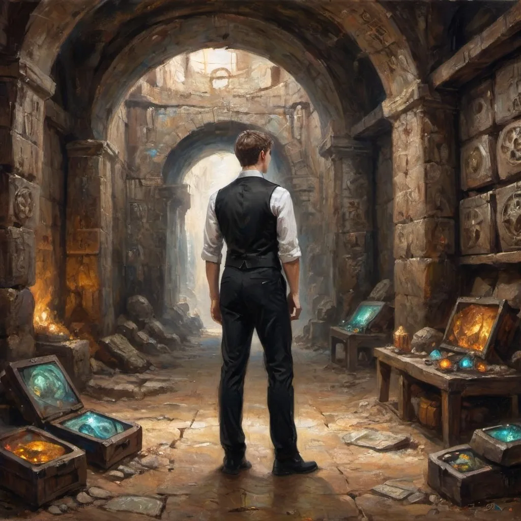 Prompt: young man wearing black dress pants, white shirt and a black vest standing with his back turned in a huge underground ancient warehouse with tons of magical relics