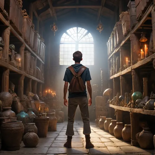 Prompt: young man standing with his back in an ancient warehouse with tons of magical artifacts