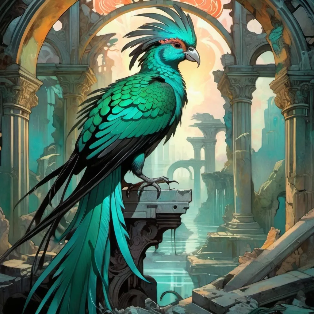 Prompt: Glowing quetzal with black and grey feathers in the ruins of a sunken city