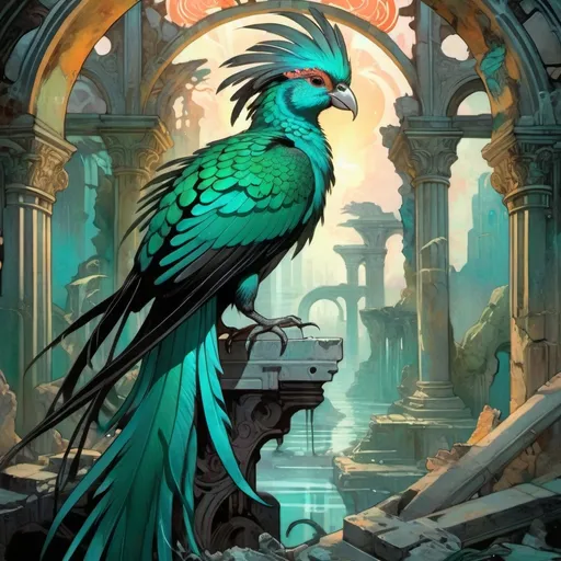 Prompt: Glowing quetzal with black and grey feathers in the ruins of a sunken city