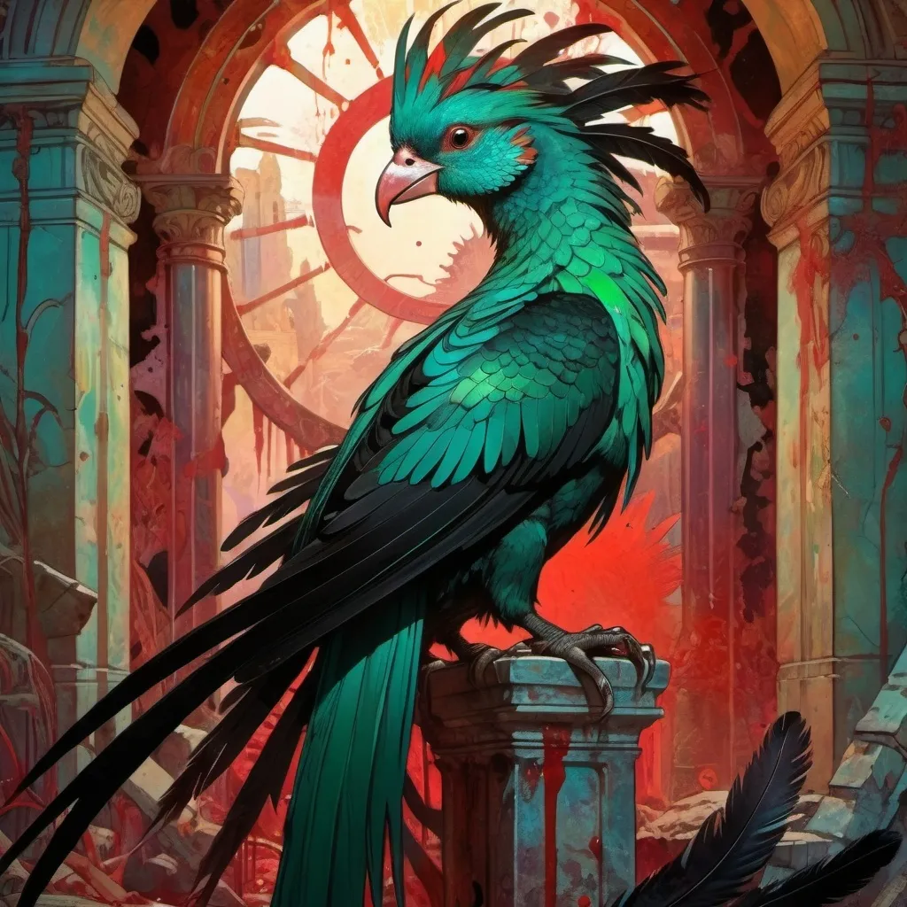 Prompt: glowing quetzal with black feathers in the ruins of a sunken city with blood splattered on the walls