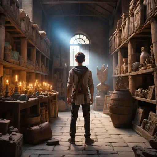 Prompt: young man standing with his back turned in an ancient warehouse with tons of magical artifacts