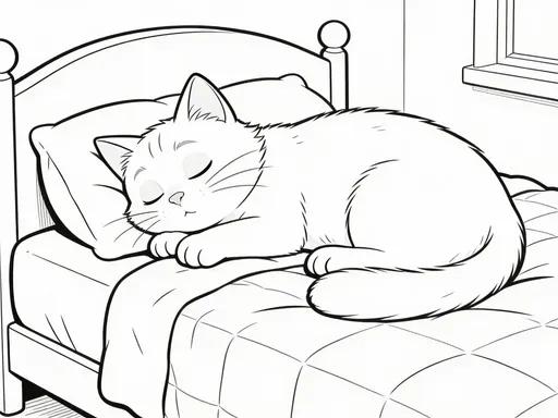 Prompt: B&W coloring book page, white background cartoon white cat laying down on bed ready to sleep, only show bed , white background animation style very, less congested background