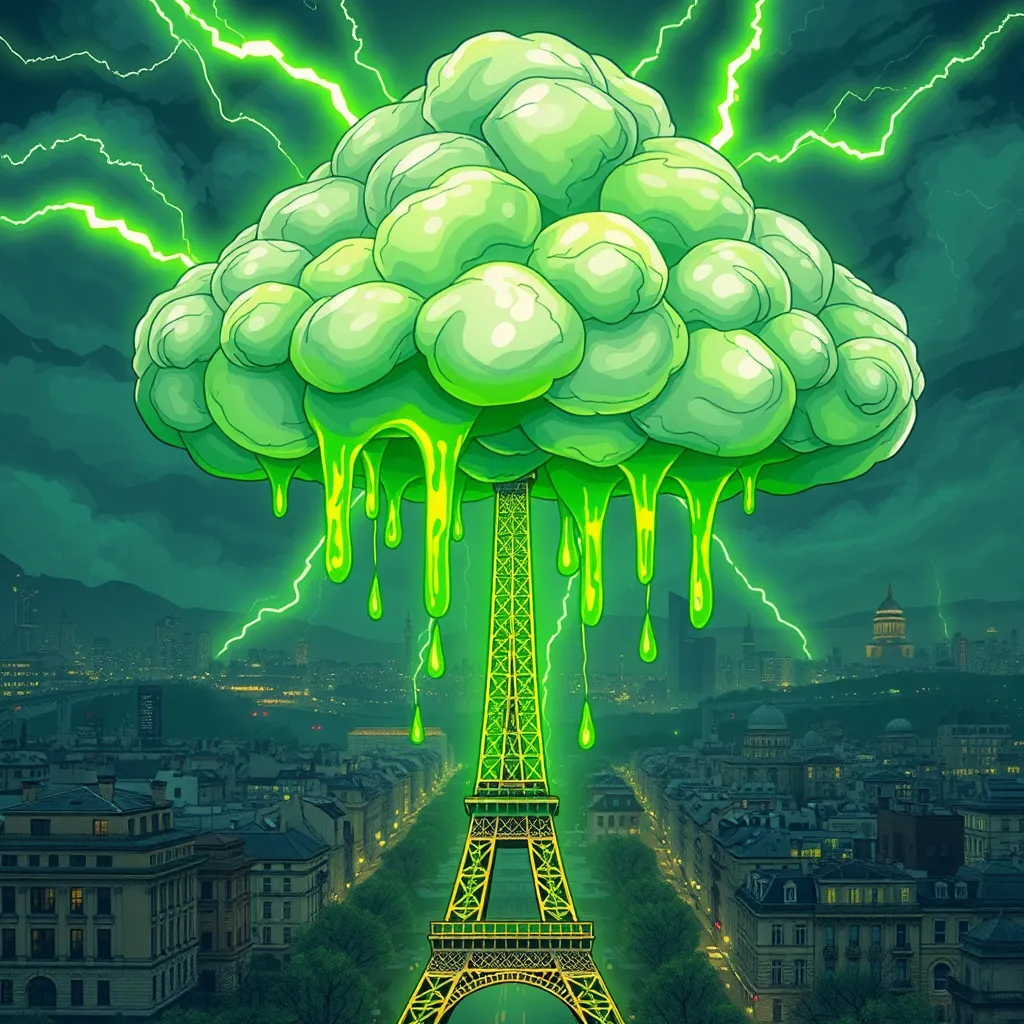 Prompt: A dripping neon slime green anime nimbus cloud with dripping slime green lightning bolts over Eiffel tower downtown Paris background