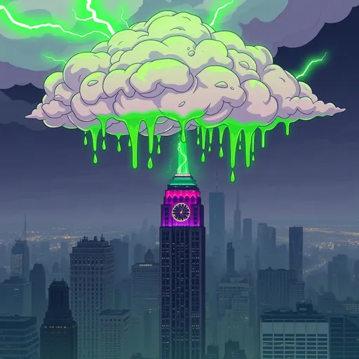 Prompt: A dripping neon slime green anime nimbus cloud with dripping slime green lightning bolt over Empire state building realistic downtown manhattan background